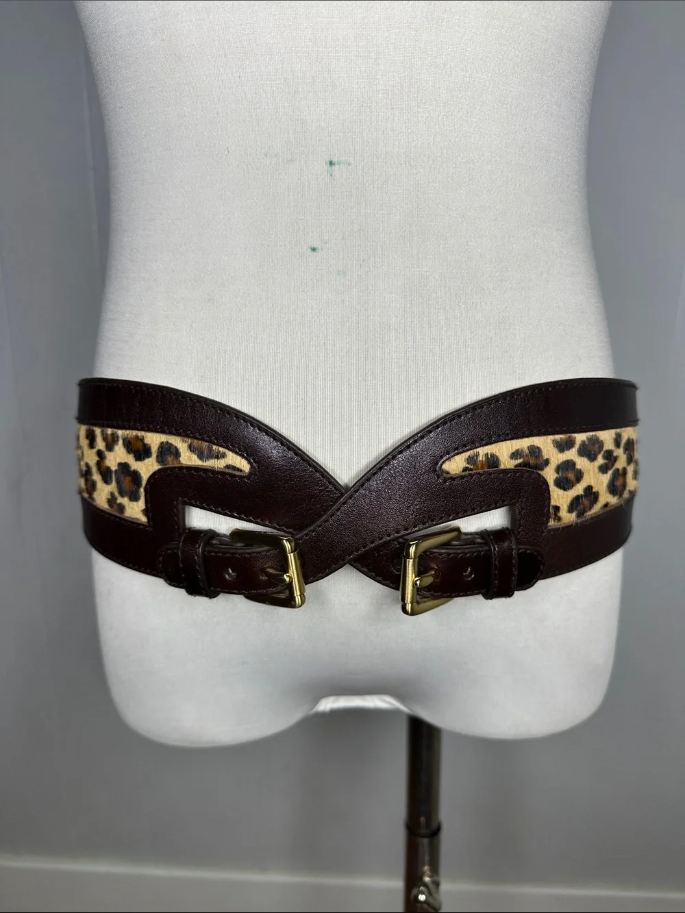 Vintage Genuine Leather Dyed Cheetah Real Cow Fur Double Buckle Belt